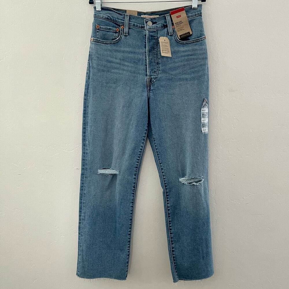 Levi's Ribcage Distressed Straight Ankle Jeans Super High Rise Denim Size 26 NEW